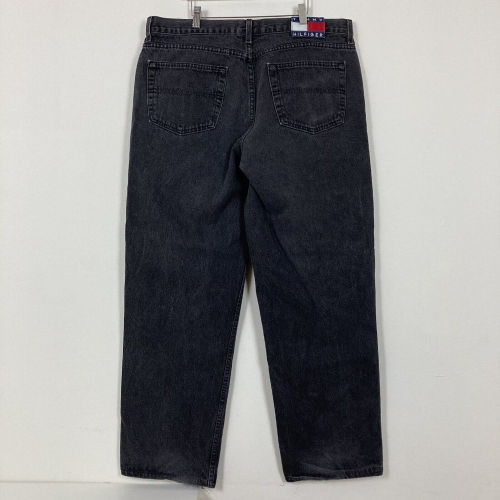 Vintage Tommy Hilfiger Jeans Mens 38x30 Black Denim Y2K Baggy Wide Leg Stitching
